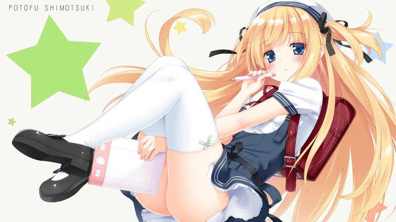 Blonde Anime Girl — Yellow, Playful, School Uniform, Backpack, Pen