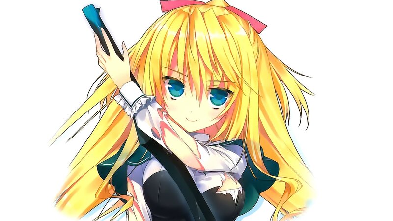 Blonde Anime Girl — Yellow, Playful, Sword, Ribbon