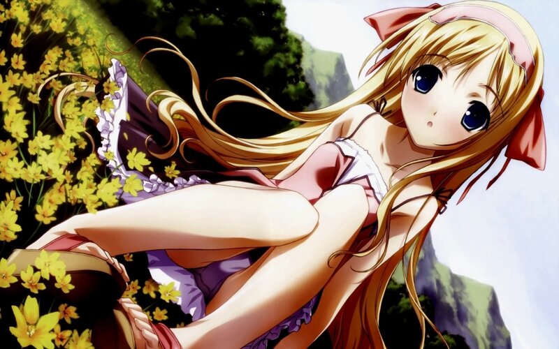 Blonde Anime Girl — Yellow, Serene, Afternoon, Flowers