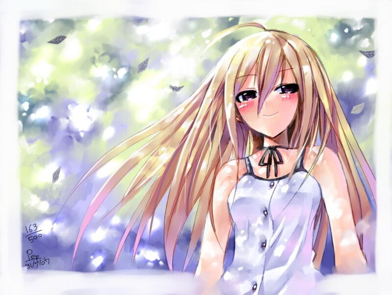 Blonde Anime Girl — Yellow, Serene, Afternoon, Leaves