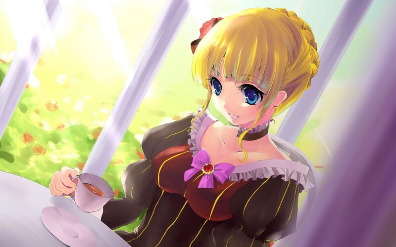 Blonde Anime Girl — Yellow, Serene, Afternoon, Tea Cup