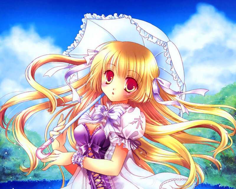 Blonde Anime Girl — Yellow, Serene, Afternoon, Umbrella
