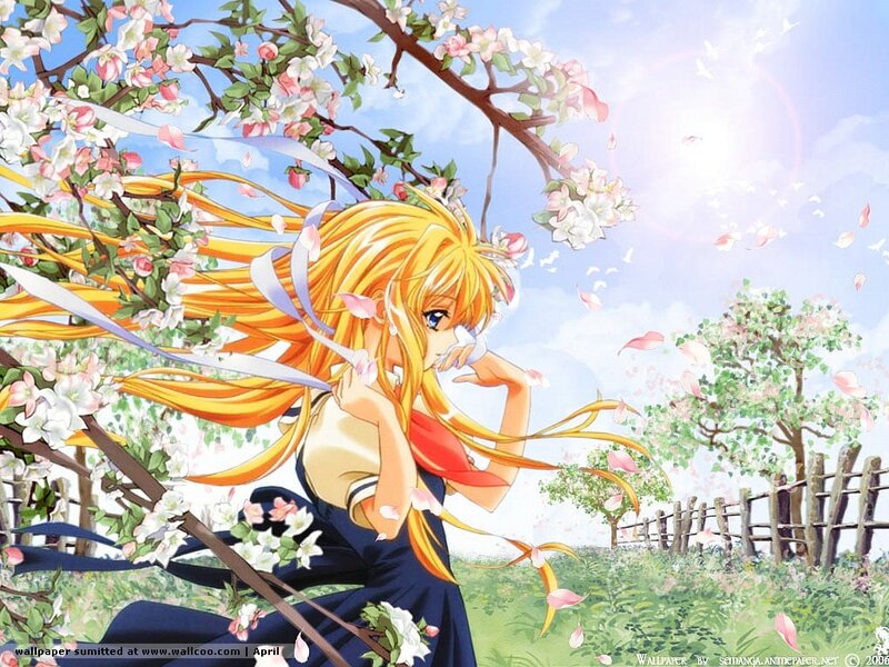 Blonde Anime Girl — Yellow, Serene, Spring, Cherry Blossoms, Ribbon