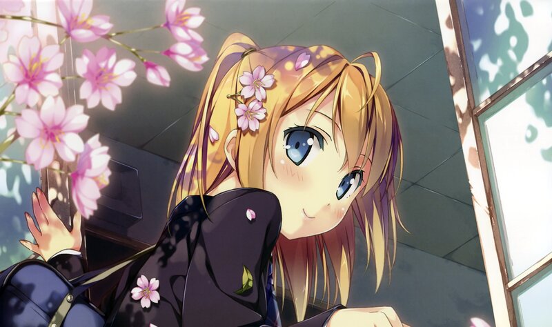 Blonde Anime Girl — Yellow, Serene, Spring, Cherry Blossoms, Window