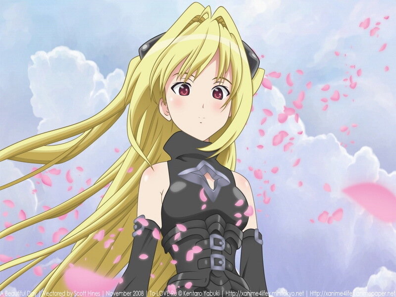Blonde Anime Girl — Yellow, Serene, Spring, Pink Petals, Clouds