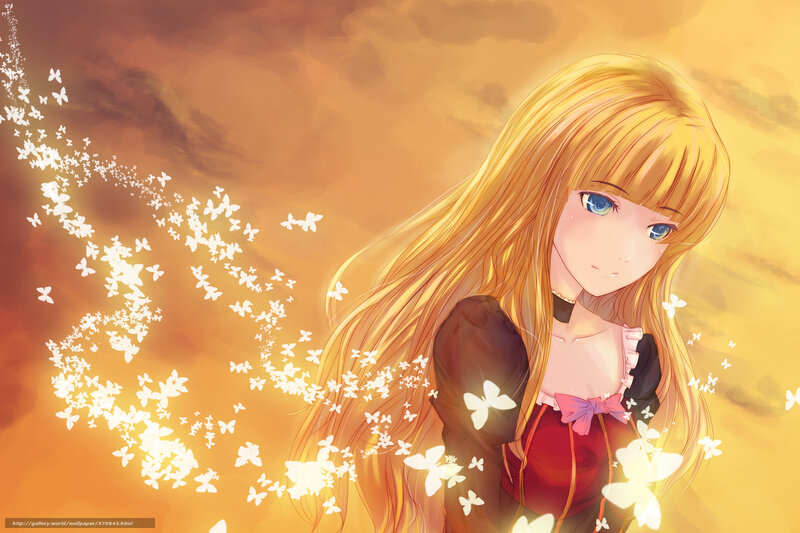 Blonde Anime Girl — Yellow, Serene, Sunset, Butterflies
