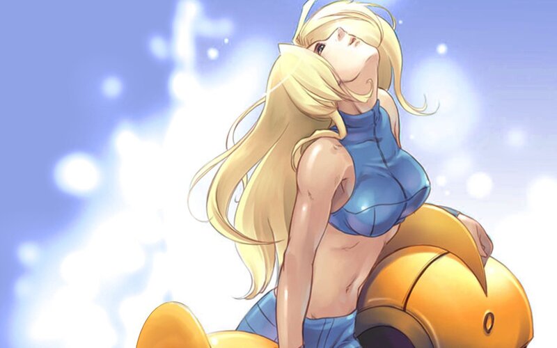 blonde anime woman in blue top