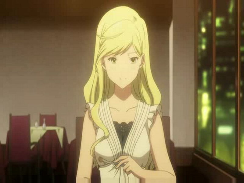 blonde anime woman in restaurant