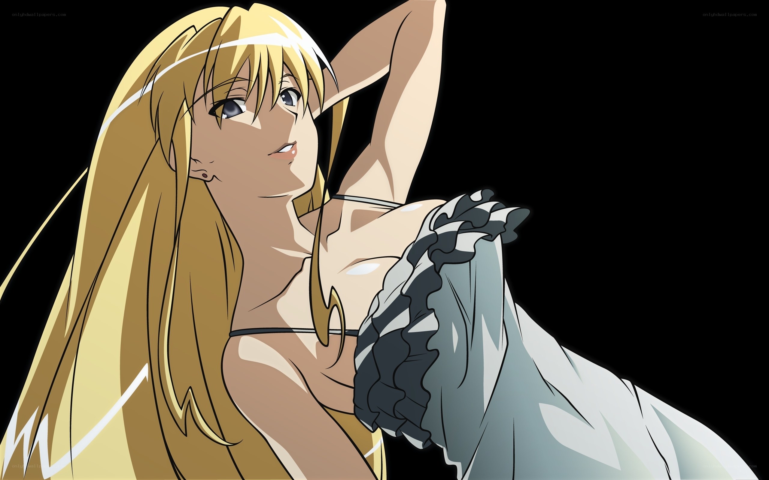 blonde anime woman in white dress