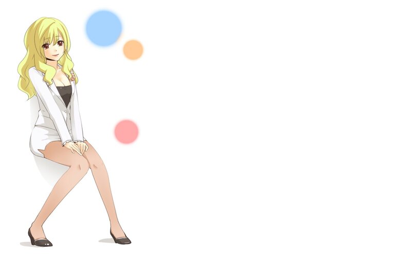 blonde anime woman in white suit