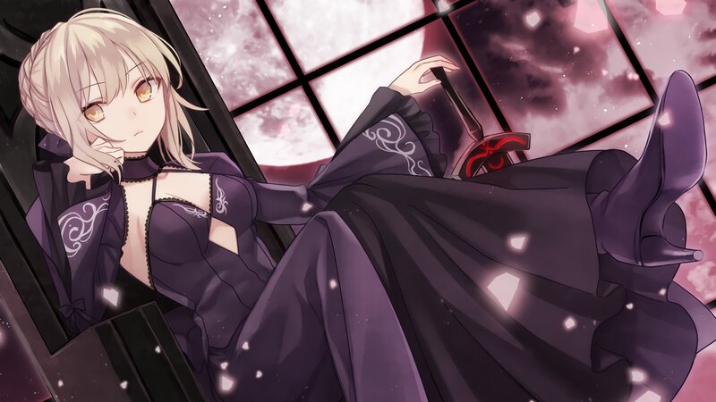 Blonde Anime Woman — Purple, Dramatic, Night, Sword