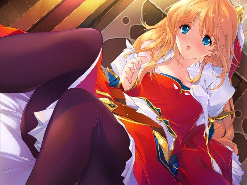 Blonde Anime Woman — Red, Dramatic, Bed, Red Dress