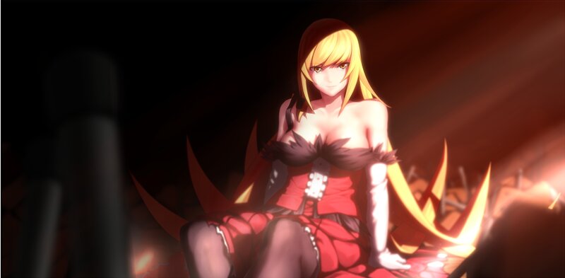 Blonde Anime Woman — Red, Dramatic, Red Dress, Fire