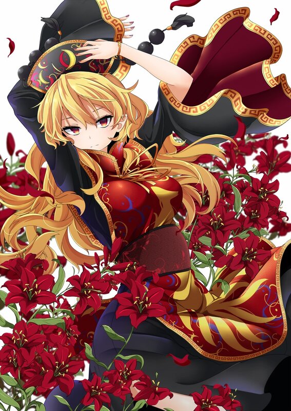 Blonde Anime Woman — Red, Dramatic, Red Flowers