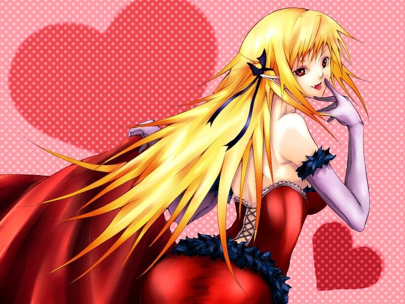 Blonde Anime Woman — Red, Playful, Red Dress