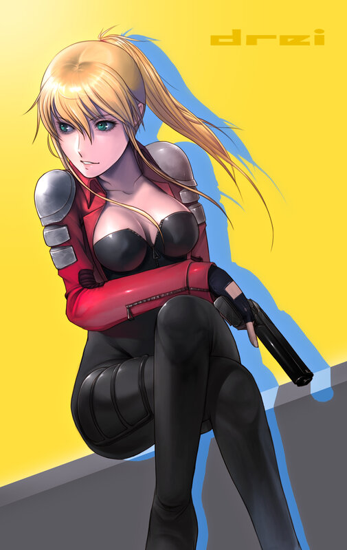 blonde anime woman with gun