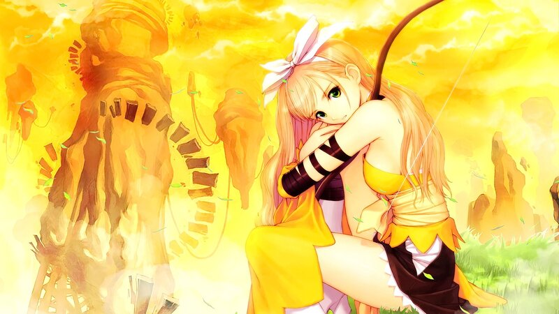 Blonde Archer Girl — Yellow, Dramatic, Sunset, Anime