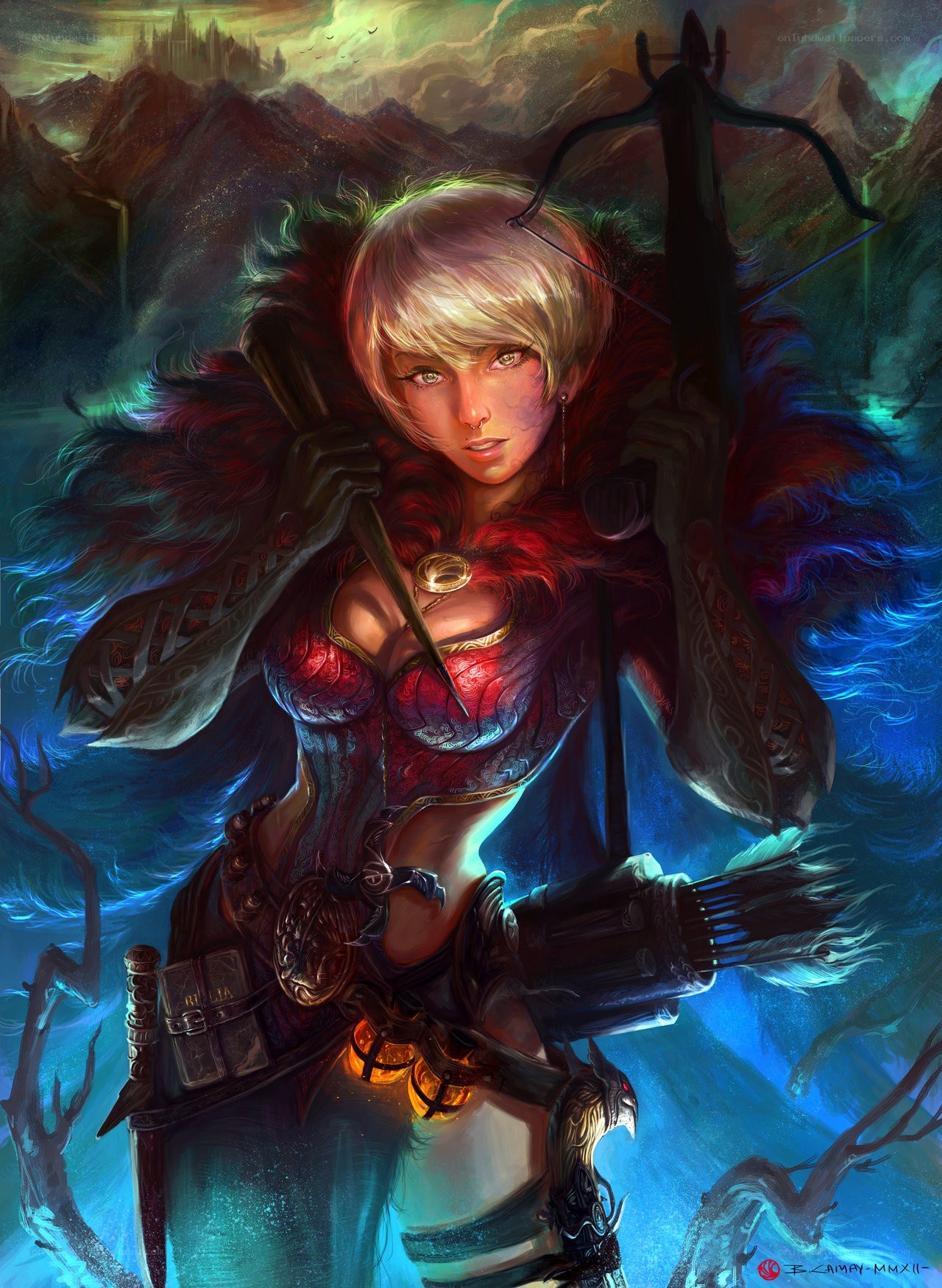 Blonde archer in a fantasy landscape