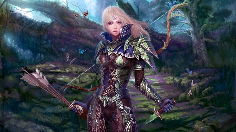 Blonde archer in forest
