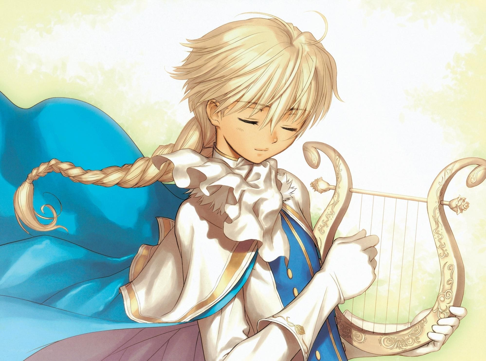 Blonde boy playing harp