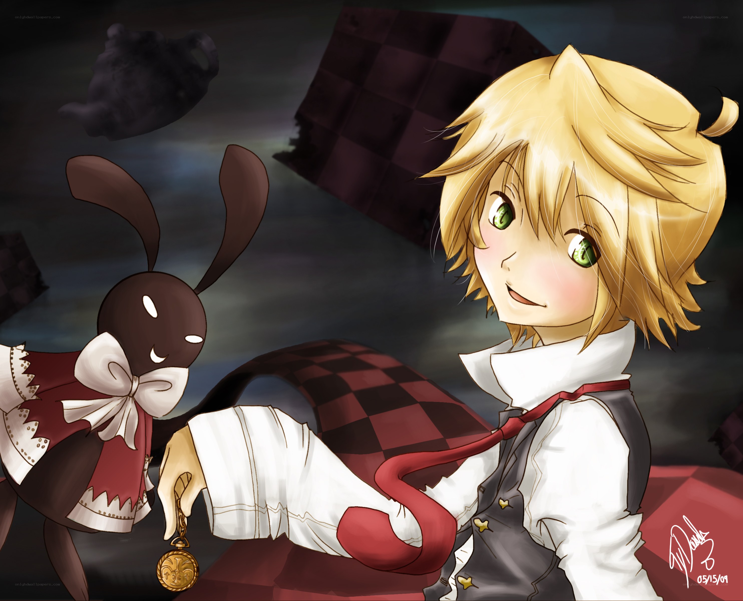 blonde boy with rabbit companion