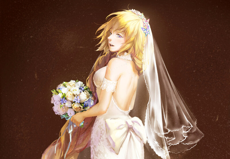 Blonde Bride Holding Bouquet — White, Dramatic