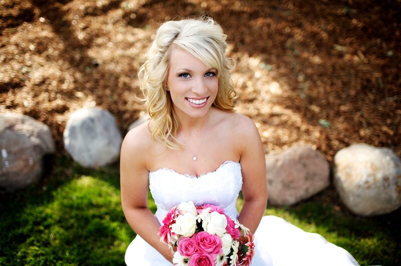 Blonde Bride Holding Bouquet — White, Happy