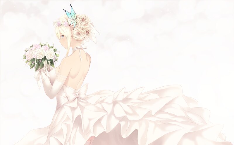 Blonde Bride Holding Bouquet — White, Serene, Anime