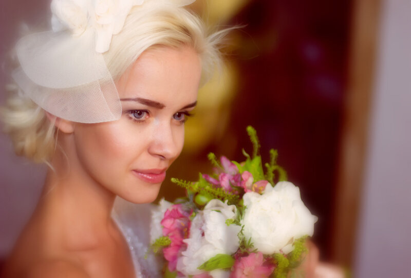 Blonde Bride Holding Bouquet — White