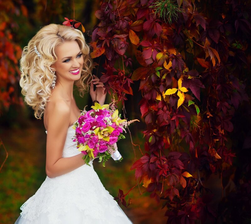 Blonde Bride with Bouquet — White, Festive
