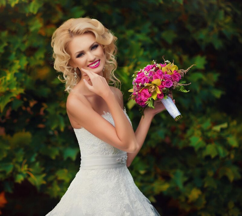 Blonde Bride with Bouquet — White, Joyful