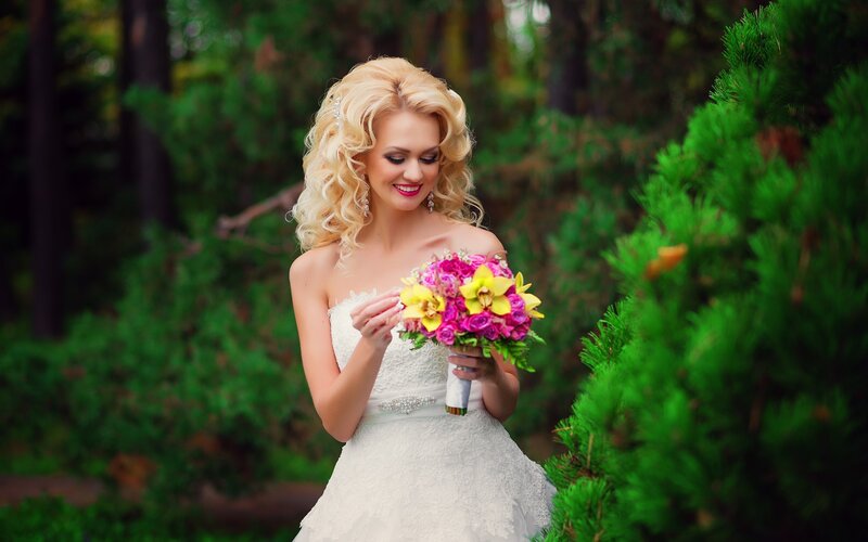 Blonde Bride with Bouquet — White, Serene
