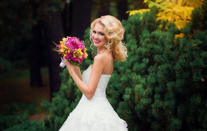 Blonde Bride with Bouquet — White