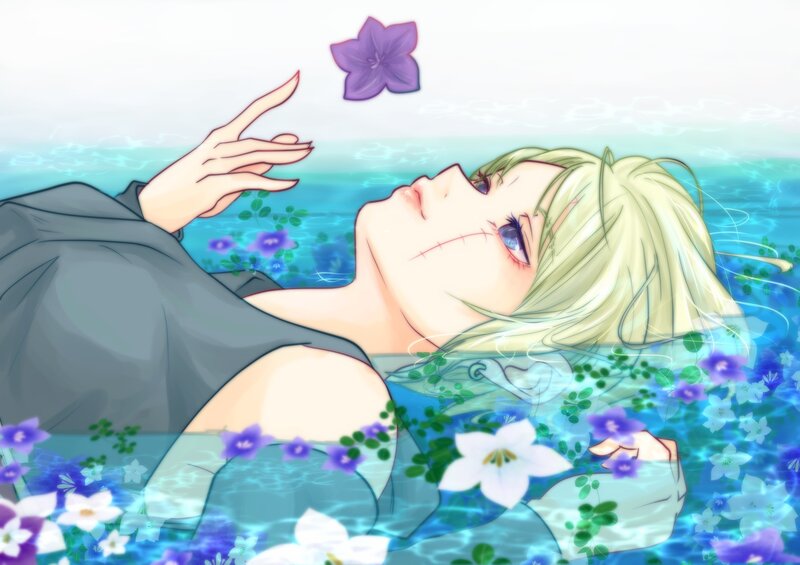Blonde Character in Water — Blue, Serene