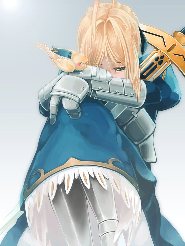 Blonde Character with Bird — Blue, Calm
