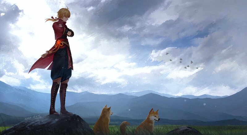 Blonde Character with Dogs