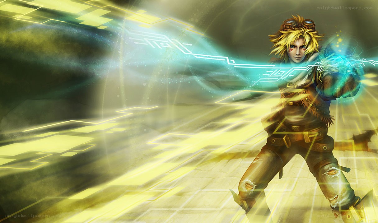 blonde character with energy weapon