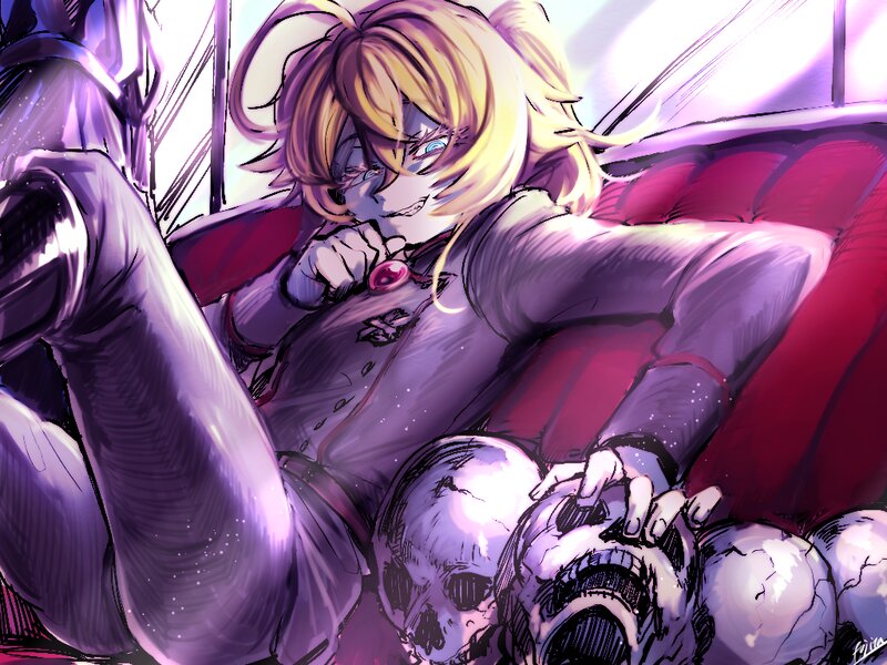 Blonde Character with Skulls