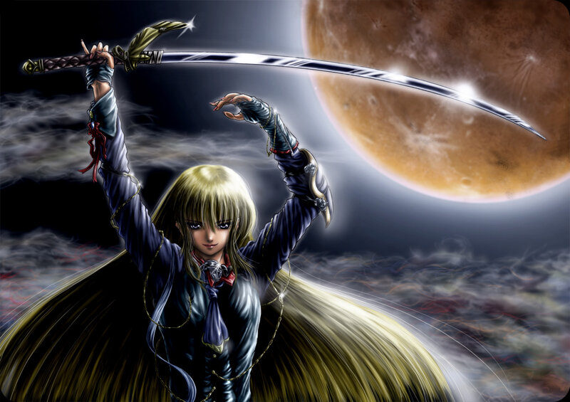 Blonde Character with Sword — Black, Dramatic, Night, Manga