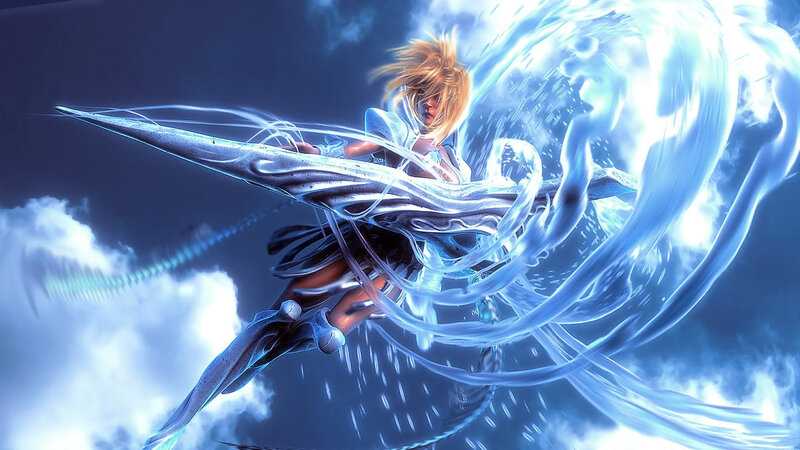 Blonde Character with Sword — Blue, Dramatic, Digital Art, Clouds