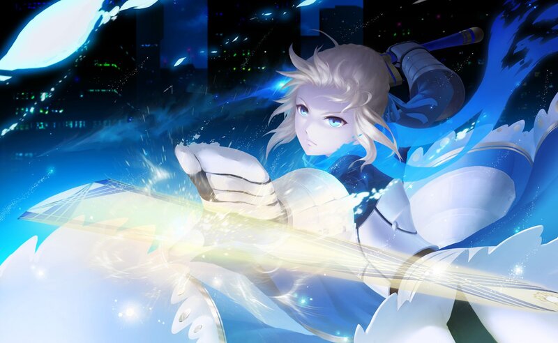 Blonde Character with Sword — Blue, Dramatic, Night, Anime, Cityscape