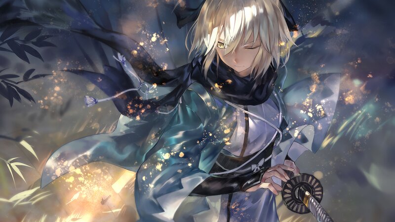 Blonde Character with Sword — Blue, Dramatic, Night, Anime, Cloak