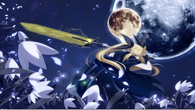 Blonde Character with Sword — Blue, Dramatic, Night, Anime, Moon, Flowers