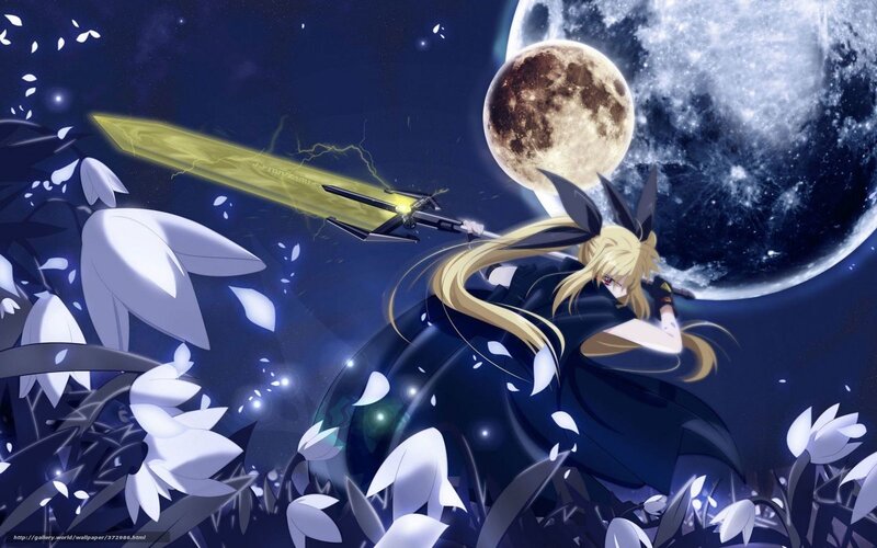 Blonde Character with Sword — Blue, Dramatic, Night, Anime, Moon
