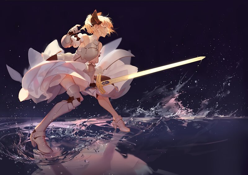Blonde Character with Sword — Purple, Dramatic, Night