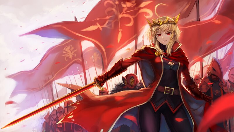 Blonde Character with Sword — Red, Dramatic, Anime, Flag