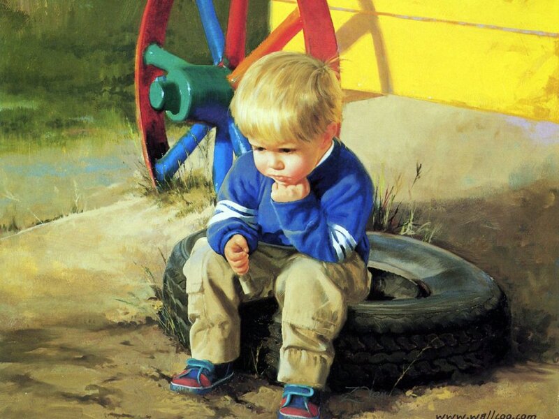 Blonde Child Sitting — Blue