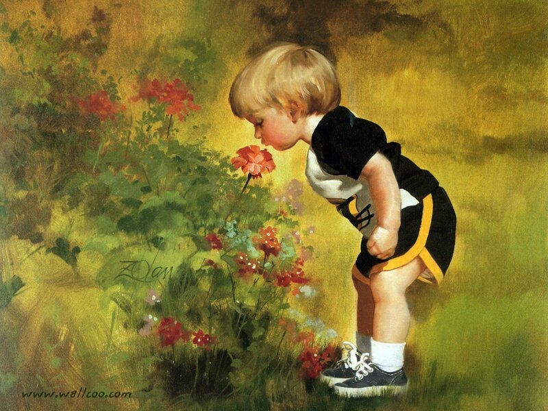 Blonde Child Smelling Flower — Green
