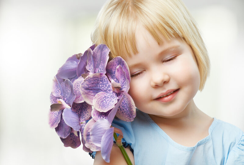 Blonde Child with Orchid — Purple