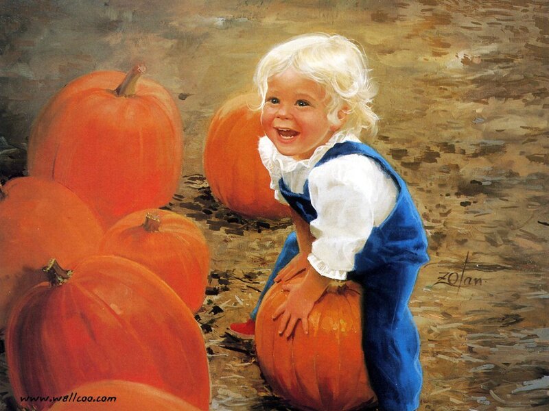 Blonde Child with Pumpkins — Orange